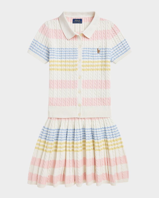 Girl's Two-Piece Stripe Cardigan and Skirt Set, Size S-XL